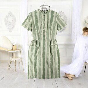 Vintage 50s-60s Dress The Jones Girl Green White Striped Short Sleeve Size 16